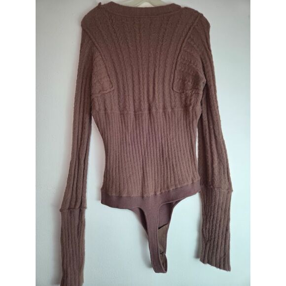 Free People "Keep Me Warm" Brown Cable Cotton Knit Thong Bodysuit Top size XL - Picture 7 of 10